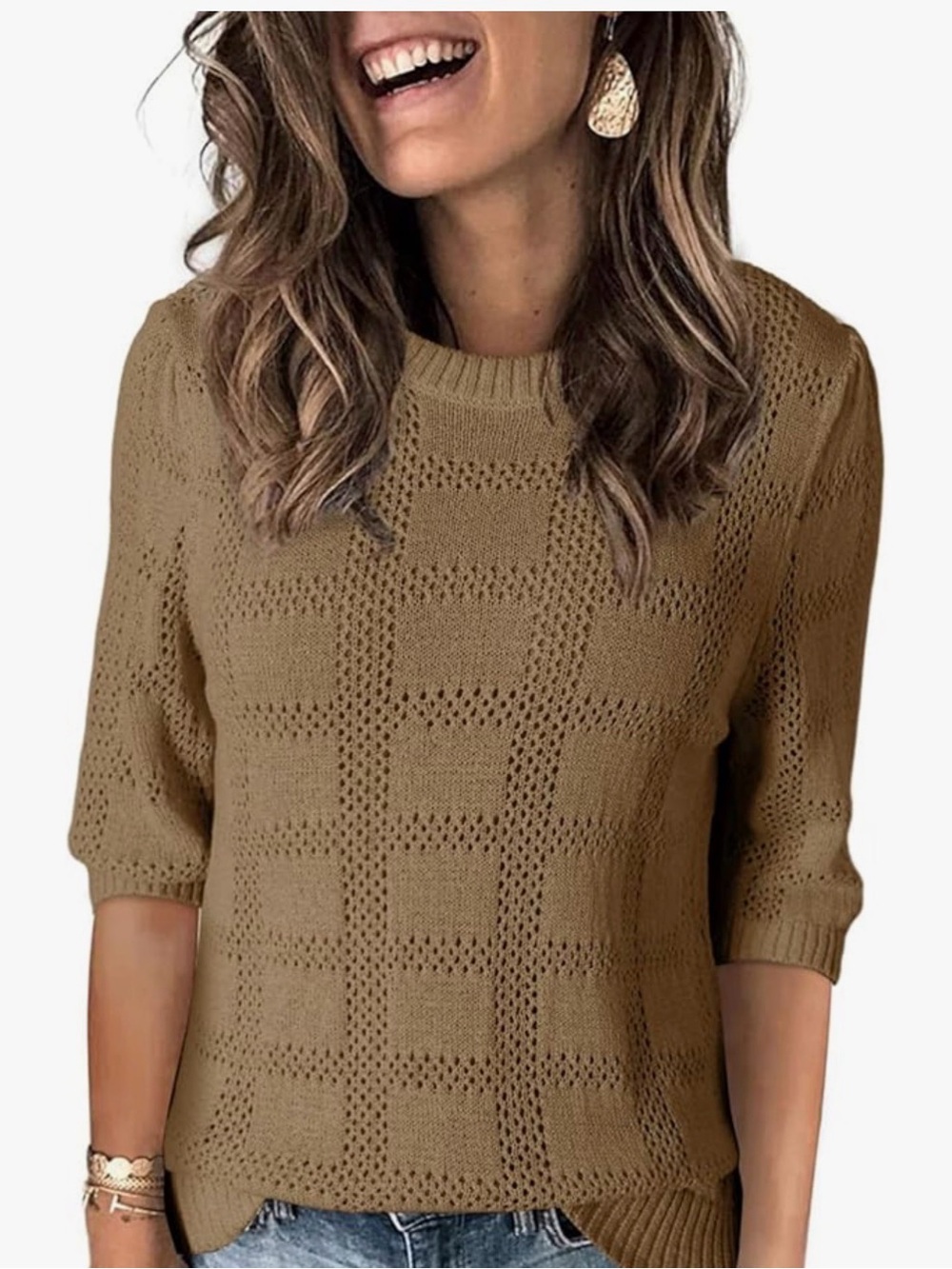 Light Camel Pointelle Checkered Knit Sweater Top Large